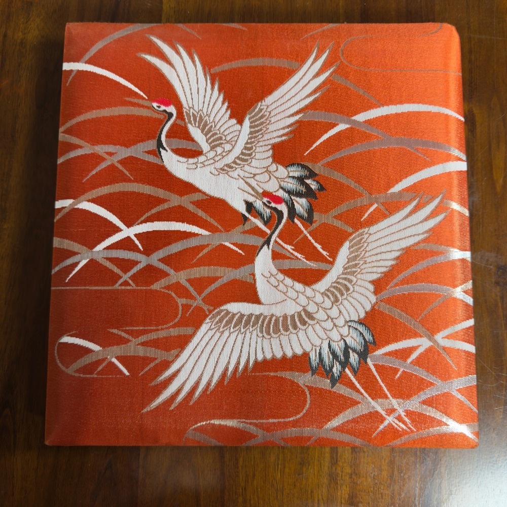 Vintage Japanese Wedding Photo Album Orange Silk Brocade Crane Embroidery Large